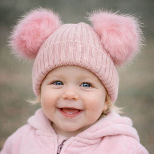 Βρεφικό Πλεκτό Σκουφάκι Μωρού Μπεζ Ροζ Pom Pon-Pink cap 2 pom pon 85570